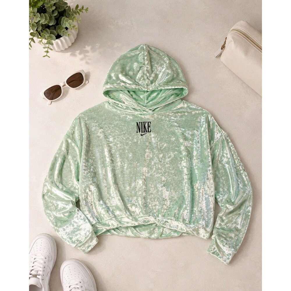 Nike Womens L Mint Green Crushed Velvet Hoodie Cropped Sweatshirt Velour‎
